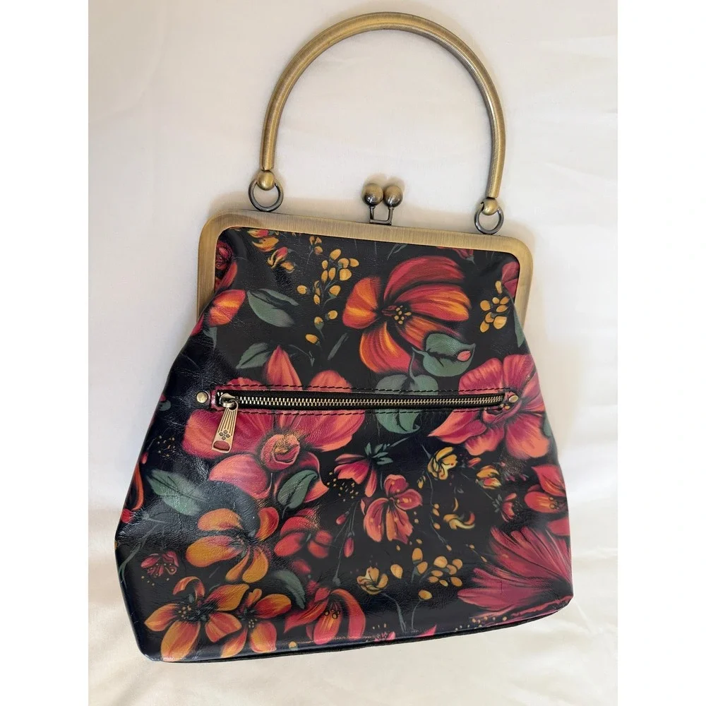 Patricia Nash Floral Leather Frame Satchel Kiss Lock Black Red Brass